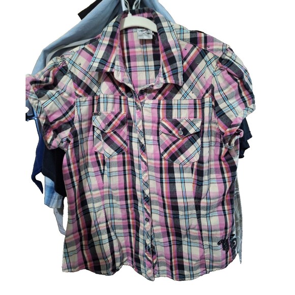 Harley Davidson Button Up Shirt Womens Xl Pink Plaid Embroidered Studded - HD - Picture 1 of 5